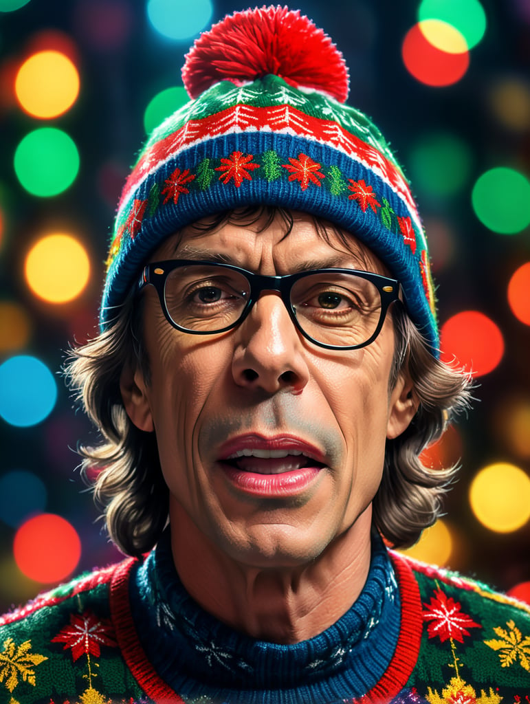 Mick Jagger wearing an a brightly patterned ugly Christmas sweater and wayfarer glasses and Christmas beanie, Vivid saturated colors, Contrast color