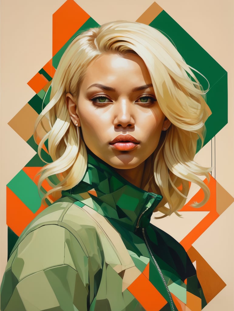 abstract 1998 european blond hiphop girl by sachin teng x supreme, attractive, stylish, designer, green, asymmetrical, geometric shapes, graffiti, street art