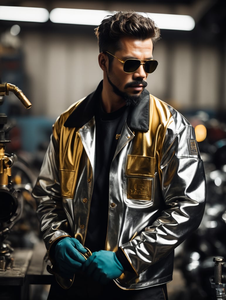 a Welder Jacket, futurist, mechanic, gold, silver, shot on leica, fashion portrait, by kith