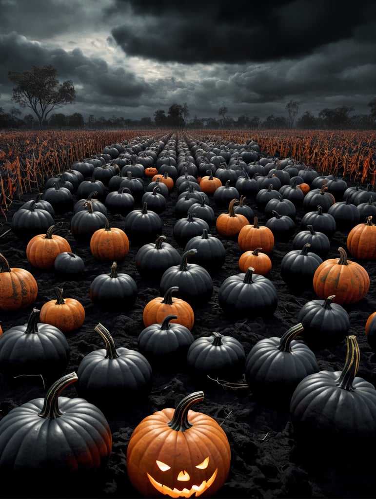 Black pumpkins in a spooky black field with dark clouds 8k Realistic 50 pumpkins in view