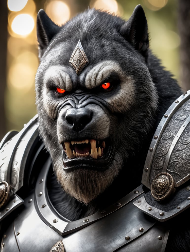 Silverback werewolf assassin wearing armor with glowing eyes