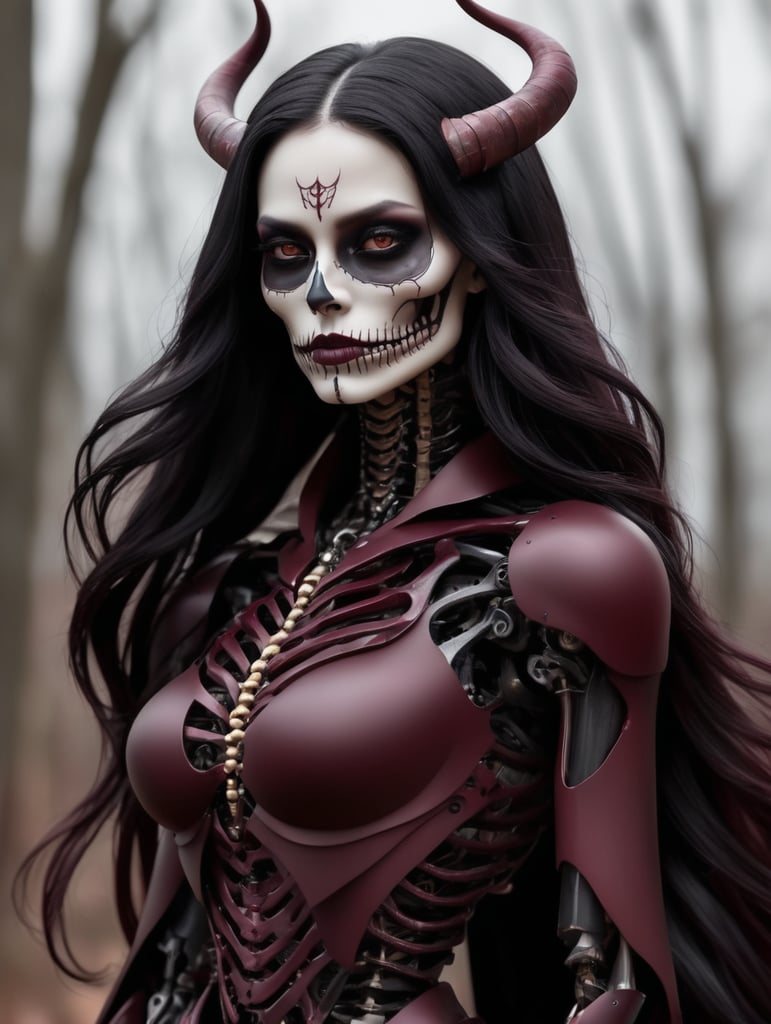 tall, scary, maroon entity, female, long floating black hair w soft waves, maroon flesh, no skin, maroon curved horns, black wings, scrawny, skeletal, maroon skeleton face, no eyes, black hollow eyes, broad chest, broad shoulders, narrow waist