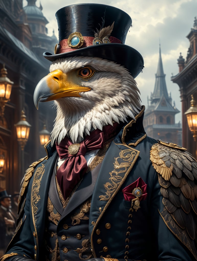 A distinguished eagle in a top hat and jacket