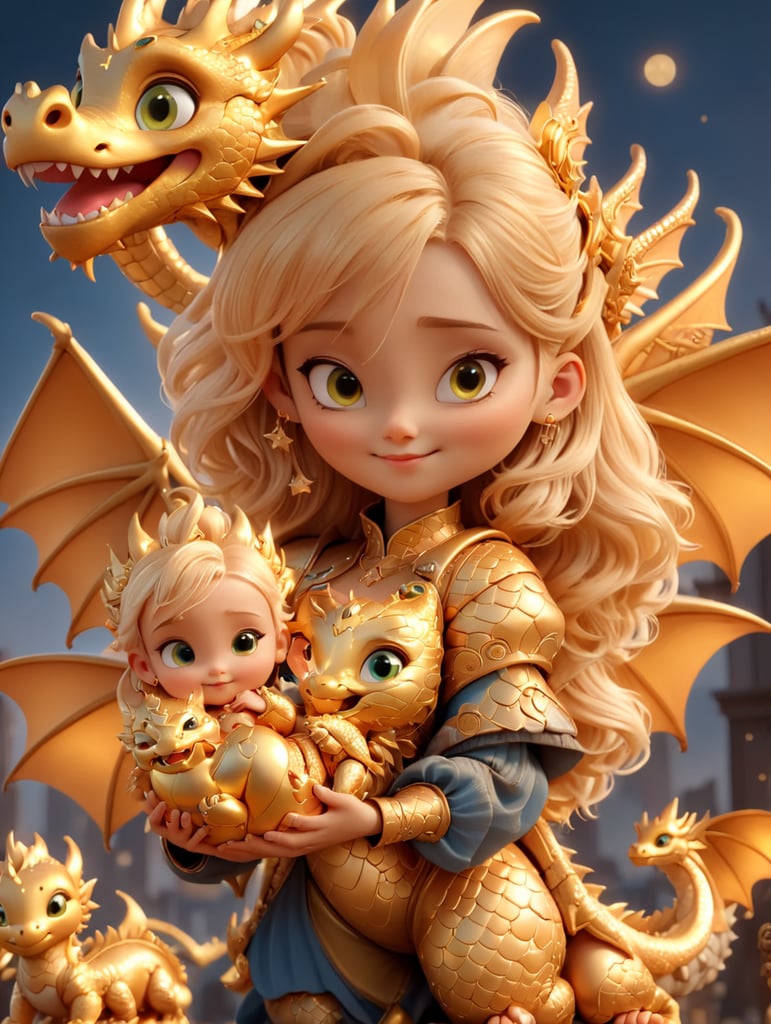 Cute young blonde headed cyberpunk girl holding her golden baby dragon, fantasy, exquisite detail, catch light, low contrast, high sharpness, depth of field, golden hour, ultra detailed photography, shiny stars in the sky