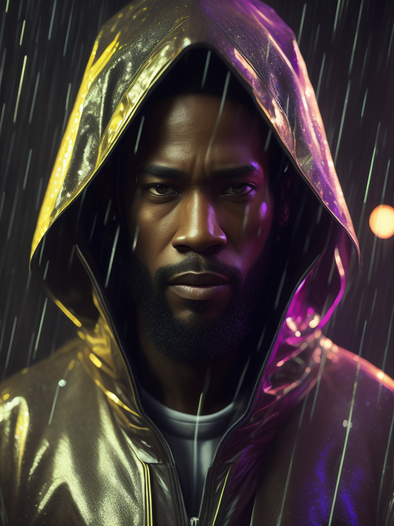 a black man with a long beard wearing ((transparent raincoat)), under the rain, ultra realistic, neon lights