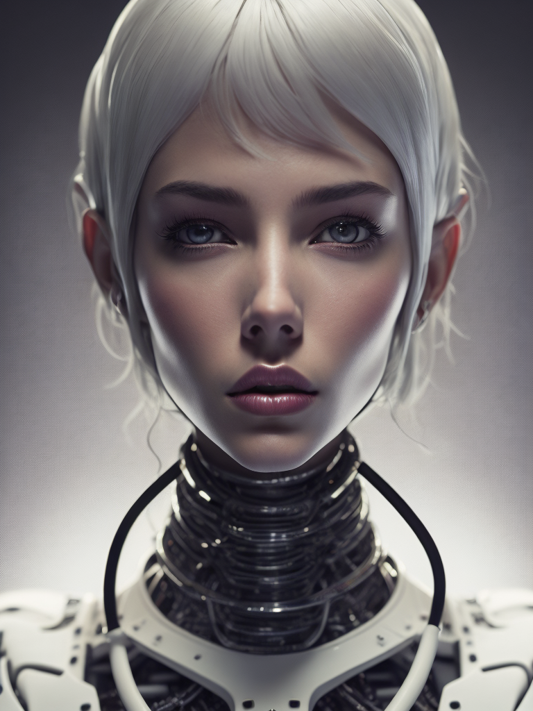 Portrait of a robot girl, enormous lips, transparent neck, porcelain face and head, robotic parts, cyberpunk, cable electric wires, hyperrealistic, fantasy, octane render, intricate, concept art, professional studio lighting