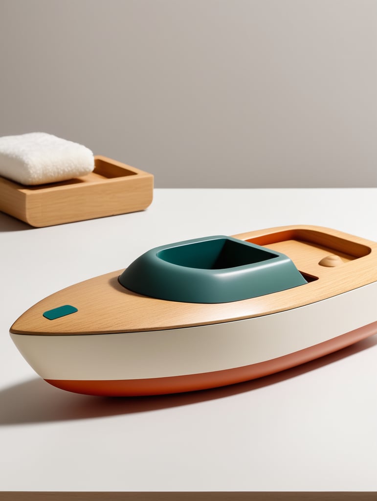 Bath toy chubby high speed racing boat designed by Dieter Rams. Simplistic minimalist post modernist product design. Oak and injection molded plastic. Full object in view.