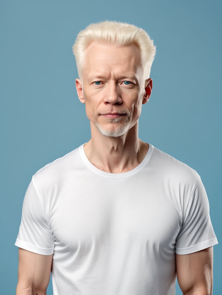 A middle-aged albino man wearing a white T-shirt, isolated, blue background, mockup, mock up