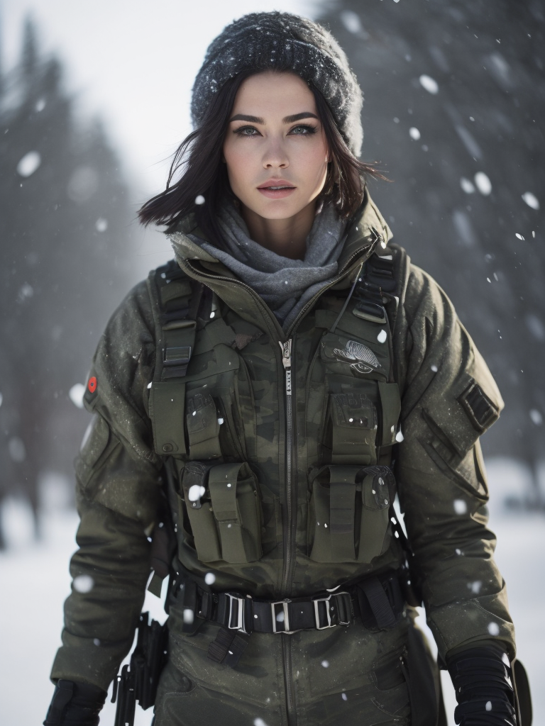 (photorealistic), beautiful lighting, best quality, realistic, full body portrait, real picture, intricate details, depth of field, 1girl, in a cold snowstorm, A very muscular solider girl with haircut, wearing winter camo military fatigues, camo plate carrier rig, combat gloves, (magazin pouches), (kneepads), highly-detailed, perfect face, blue eyes, lips, wide hips, small waist, tall, make up, tacticool, Fujifilm XT3, outdoors, bright day, Beautiful lighting, RAW photo, 8k uhd, film grain, ((bokeh))