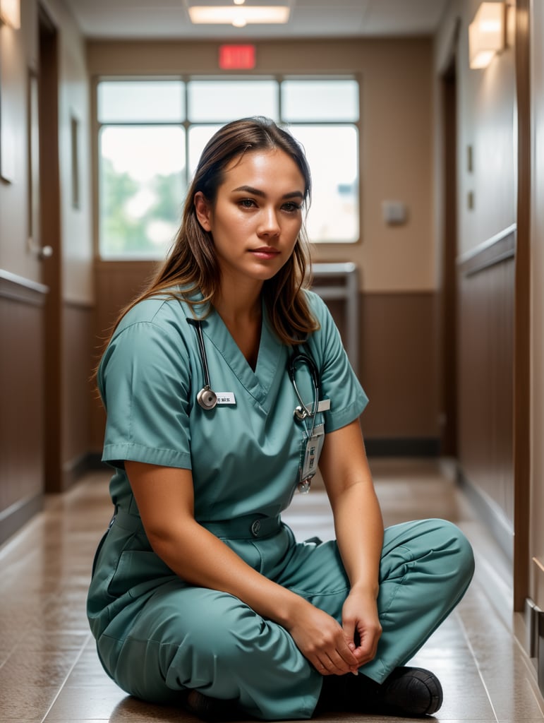 Portrait of a female working nurse, sitting on the floor in the hallway, sad face, sad colors and atmosphere, the light from the window illuminates her face, low angle photo