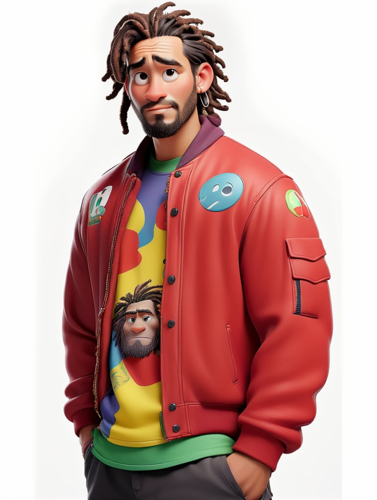 a man with dreadlocks on his head is wearing a colored jersey and a red bomber jacket