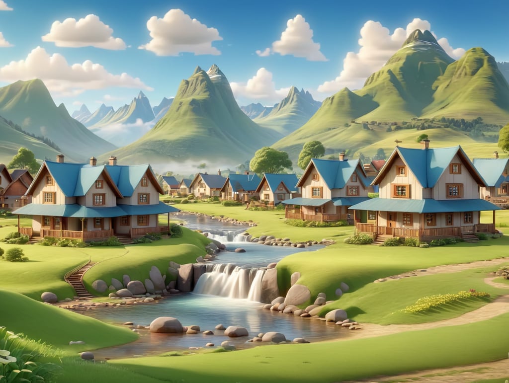 scenery view of lots of amateur cottages in a wide open field, nice detailed sky, mountains with waterfall in background, small river in foreground