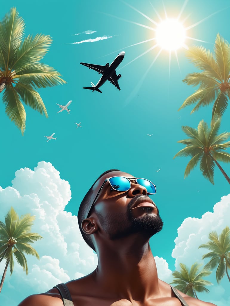 a black man raised his head up, looks at the sky, sunglasses, an airplane flies in a clear sky and leaves a mark, summer, turquoise shades, vector art