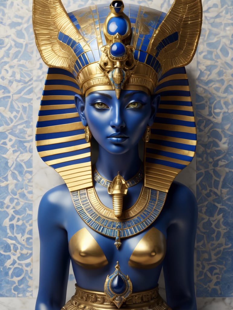 mythology goddess creature with Tutankhamen mask made of azulejo’s white and blue, gothic, gold, Neoclassical, elegant, beauty, antique classical, masterpiece, Canon50, Beautiful Lighting, Sad, highly detailed, detailed facial features, unreal engine, Octane Render, very detailed eyes, symmetrical eyes, mythology, hd, 3d, hq,