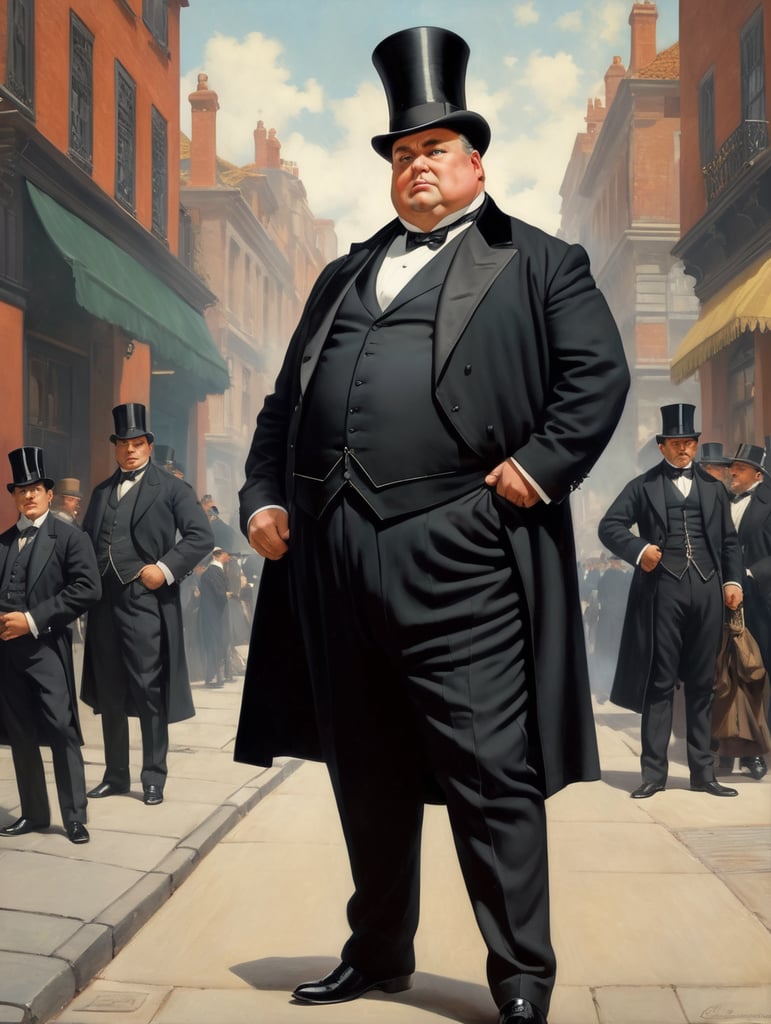 Portrait of a very rich obnoxious and polished fat businessman, wearing a black tailcoat and a black top hat, looking up with an arrogant look, standing in the middle of the street, early 19th century, style by Gil Elvgren