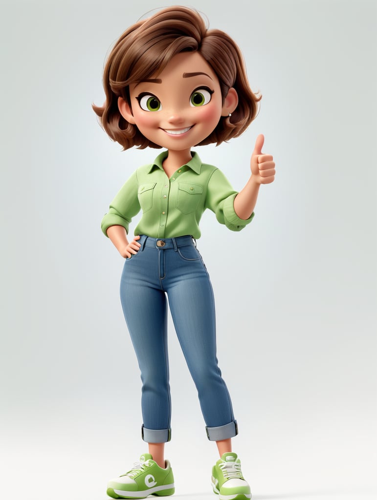 3d female brunette, short hair, denim pants, white shoes, plain green shirt, full body, plain white background, left thumbs up, smiling, Disney Pixar style