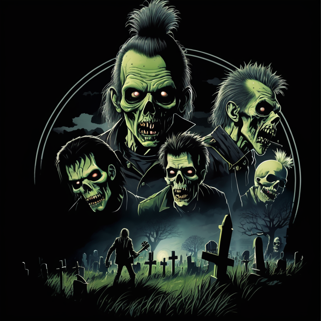 Night of the living, dead punk rock zombies in a graveyard high-quality details, deep focus, professional shot