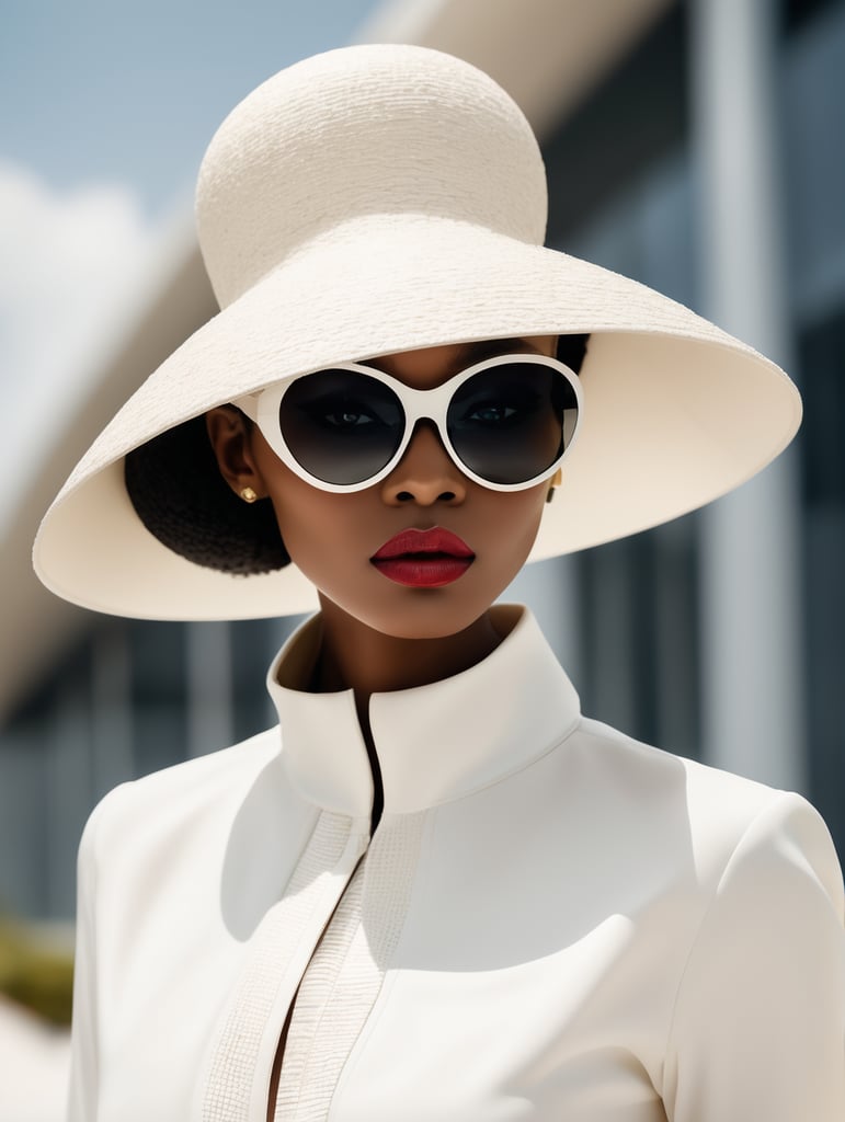 Fashion design work feauturing a (Chanel) female (Nigerian) model wearing minimalist women’s clothing, wearing a big hat and Chanel sunglasses, shot in a Bauhaus buiding with bright and soft lighting, creative a minimalist and sleek style with a sense of sophistication and high end feeling, fine lines and intricate details, realistic anatomies, Nikon D800