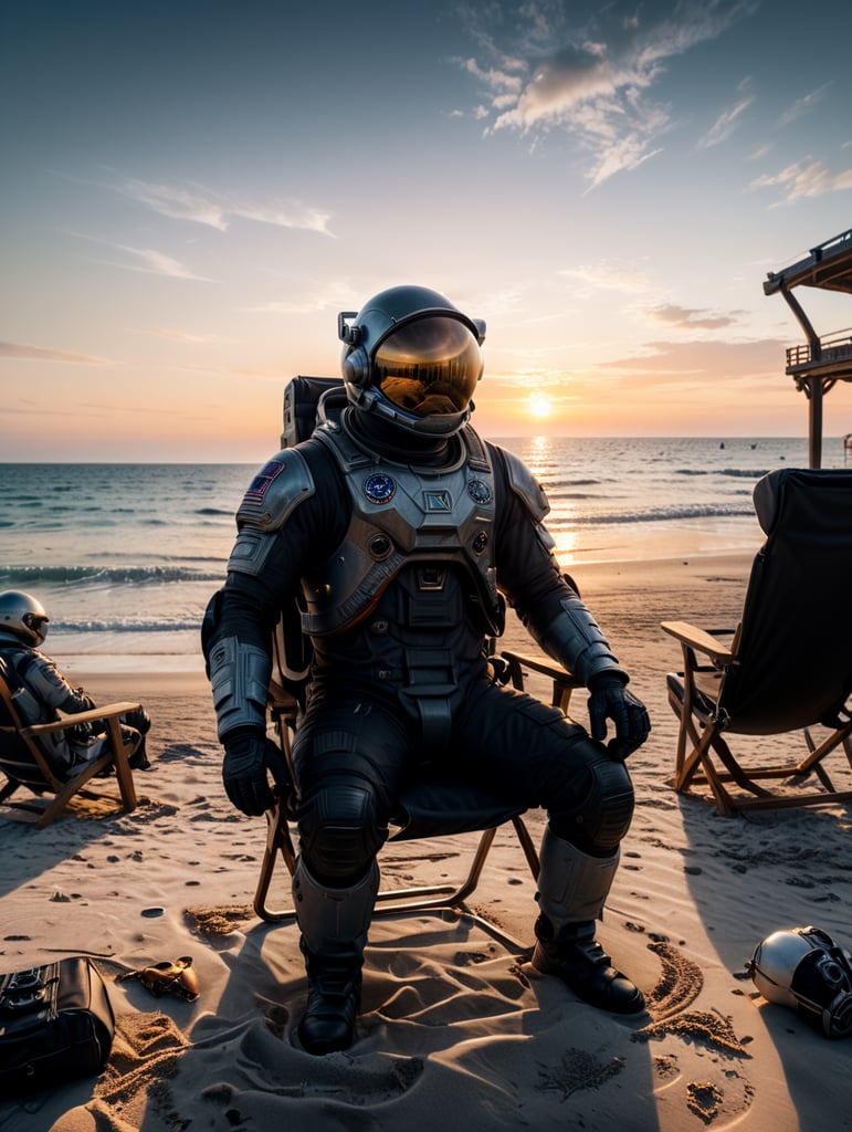 An astronaut sitting on a beach chair on a beautiful beach. With the sunset in the background.