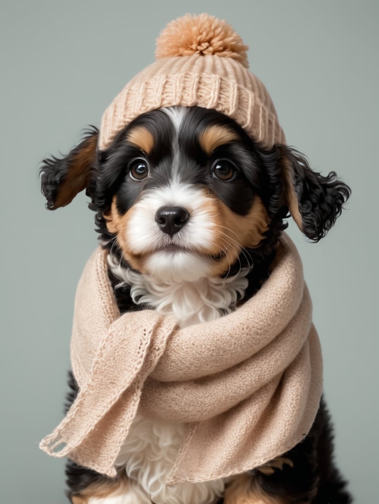 Generate Maltipoo puppy in apricot color in the nine with scarf and wool hat