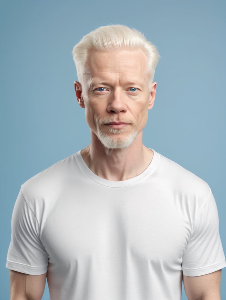 A middle-aged albino man wearing a white T-shirt, Contrasting studio light, isolated, blue background, mockup, mock up