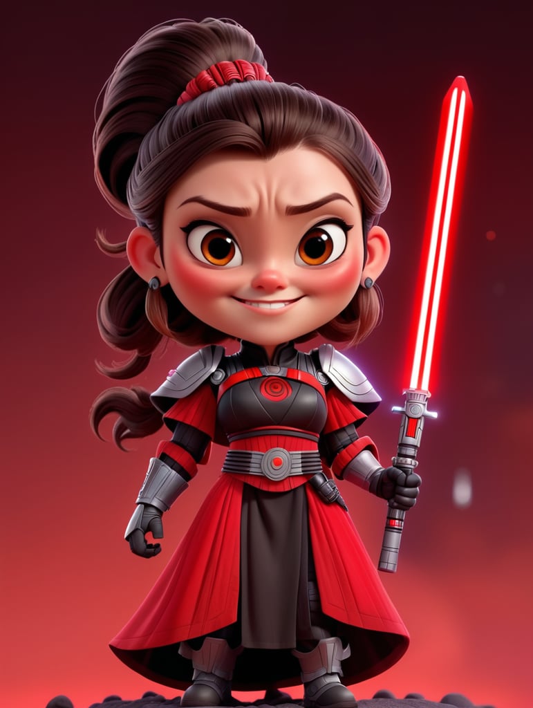 Crazy, funny 30 year old female, pale skin, straight dark brown hair tied in a ponytail, dressed as a Sith Lord with black cloak holding red lightsaber on lava planet One person only.