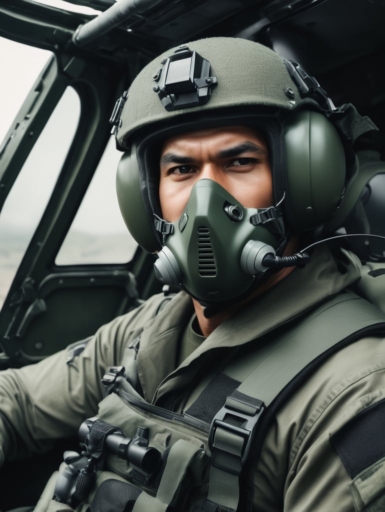 Create a military man sitting in helicopter with helmet on covering his face with mask