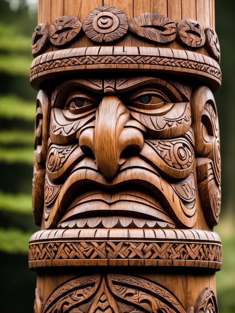 viking's wooden totem pole, viking faces carved, animals carved, traditional ornament around