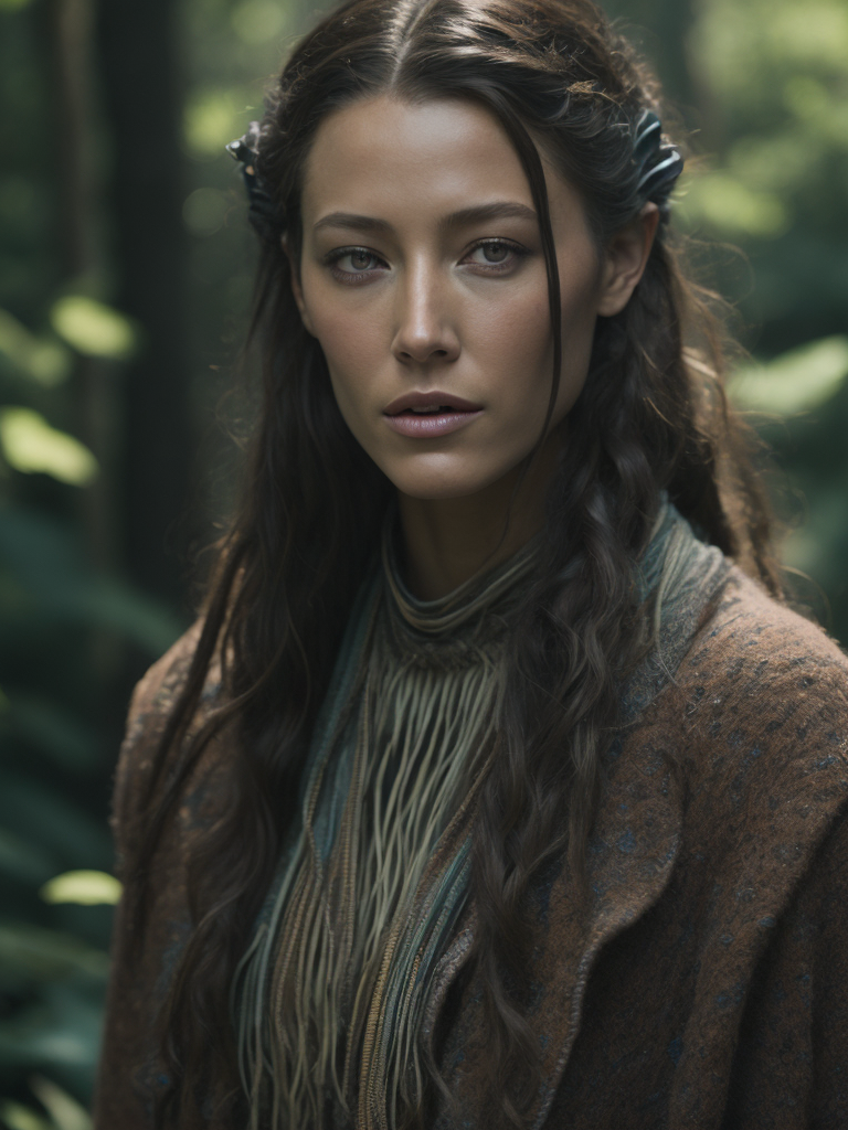 Blake Lively as a Native American woman, realism, photorealism, wearing beautiful regalia, high resolution, forest background, cinematic