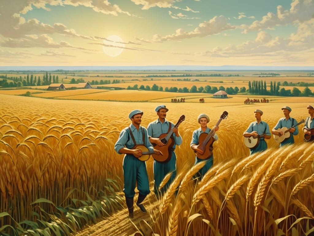 drawing of soviet landscape, large what fields filled with musicians instead of farmers in propaganda style