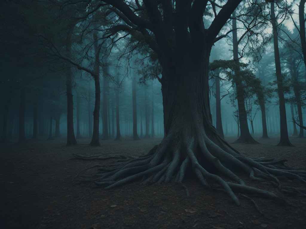 A single century-old tree in a dark forest illuminated by moonlight streaming through its leaves with exposed roots, viewed from a more open plan in an atmospheric atmosphere.