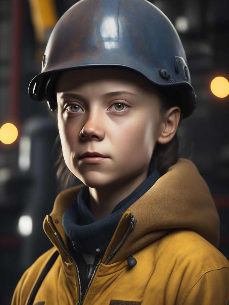 greta thunberg As oil rig worker, realistic, high detail