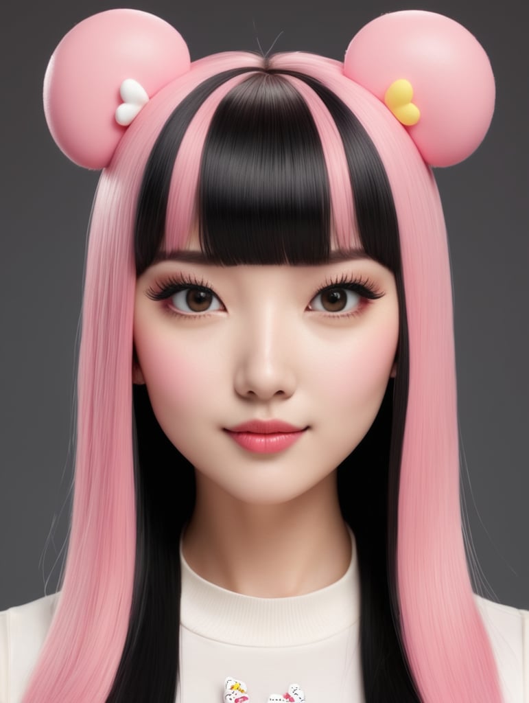 3D sanrio Hello kitty con Pelo lacio color Rosa y negro con flequillo