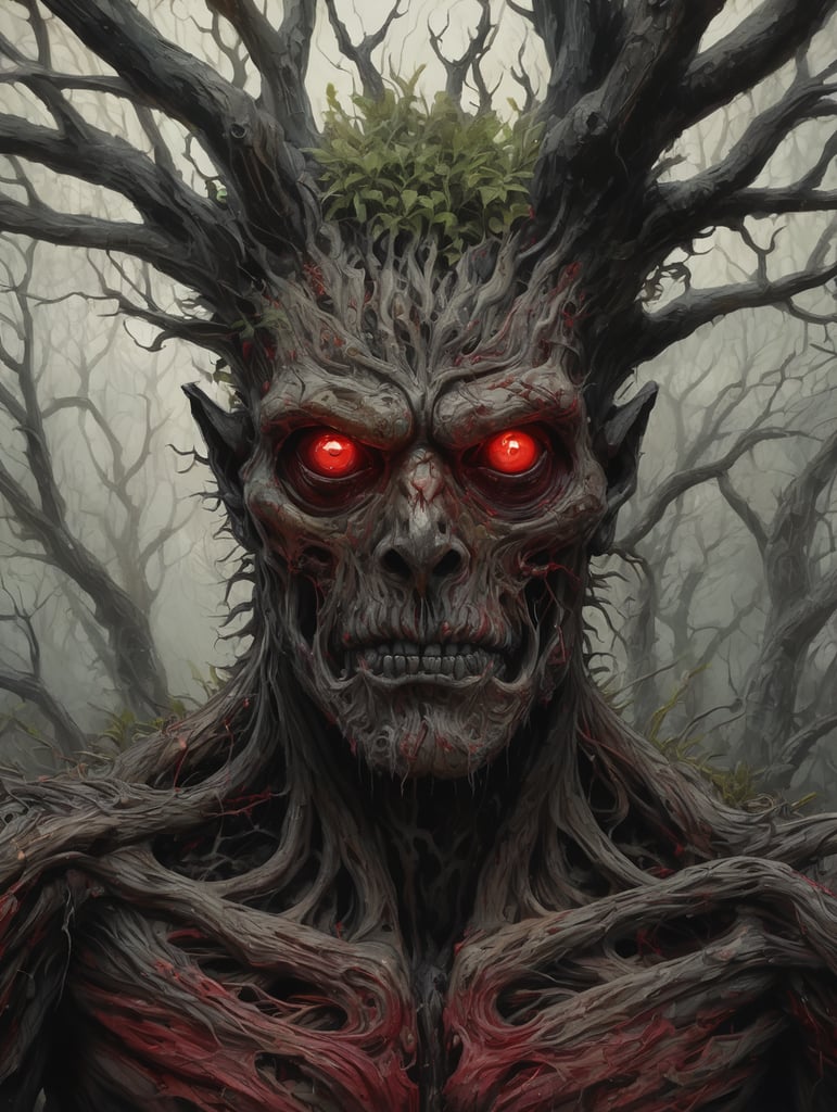 ultra detailed complex illustration of a corrupted humanoid plant, abstract, expressionism, oil paint, limited colors, eerie, creepy, nightmarish, bold colors, red eyes, black sclera, tree bark resembling human muscles and tendons, rotten, branches as hair, dark art by Mschiffer, ((full body))