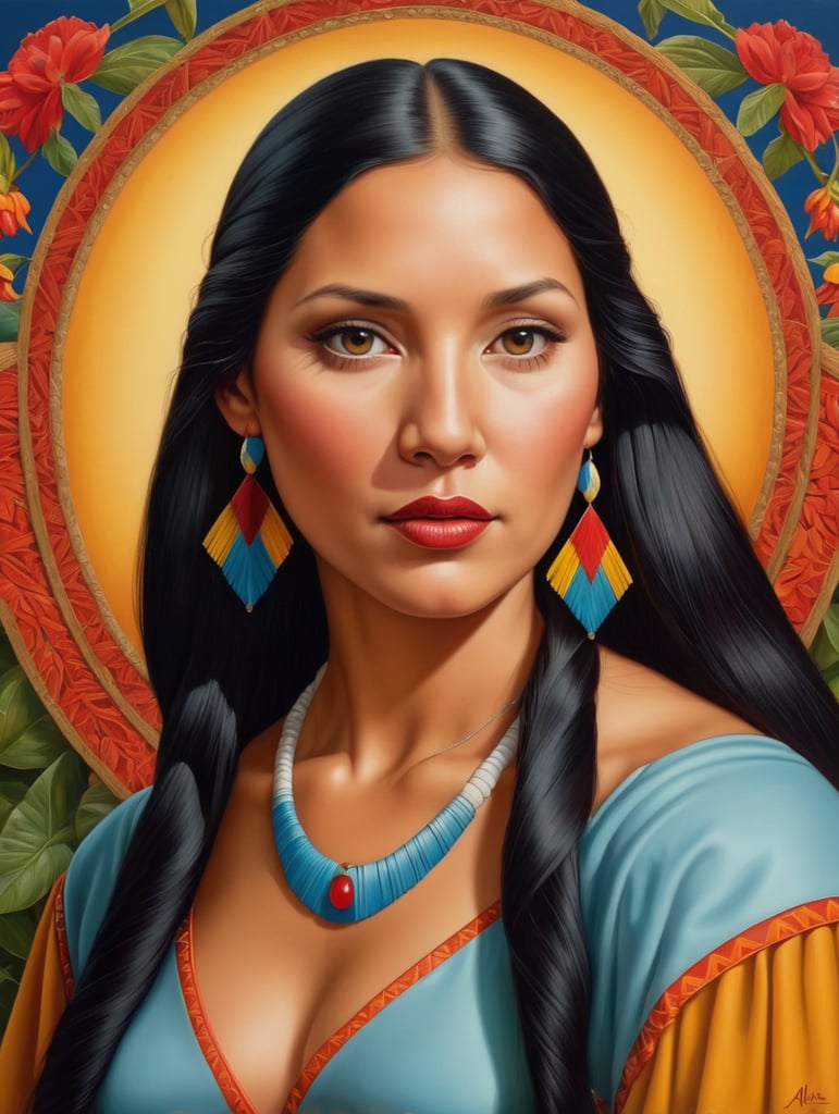 Pocahontas, Painting, Oil, Portrait, USA, style of Alex Gross