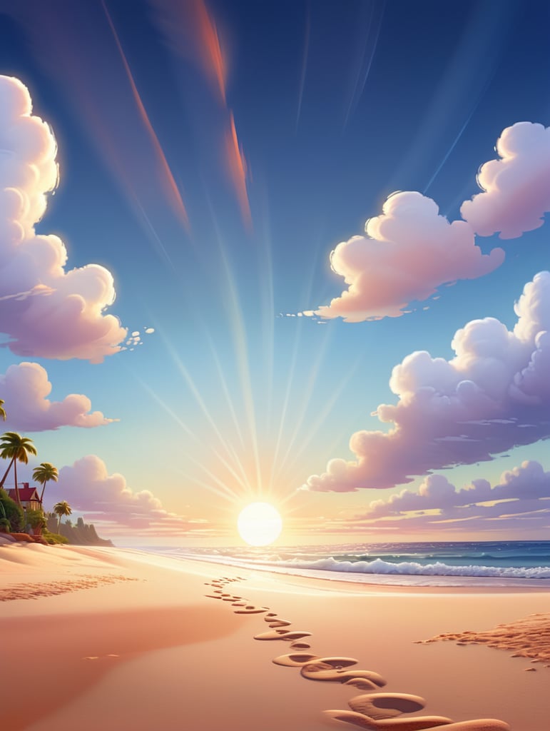 Um céu azul claro com nuvens brancas e fofas. O sol está se pondo no horizonte, deixando um rastro de luzes avermelhadas e douradas. O mar está calmo, com ondas suaves quebrando na areia.