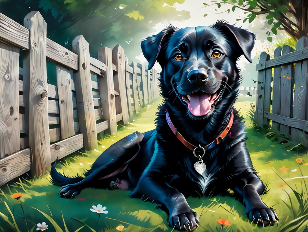 Black dog looking happy, content, silly lying on his back with legs in the air on grass in a garden with a solid wooden fence behind