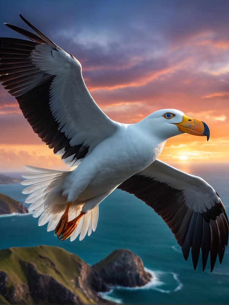 Metaverse, UX, futuristic, beautiful albatross, beautiful eyes, open wings, portrait, beautiful colors, realistic and hyper detailed, rendered in cinema 4d, magic realism, beautiful sunset, southern ocean, scale