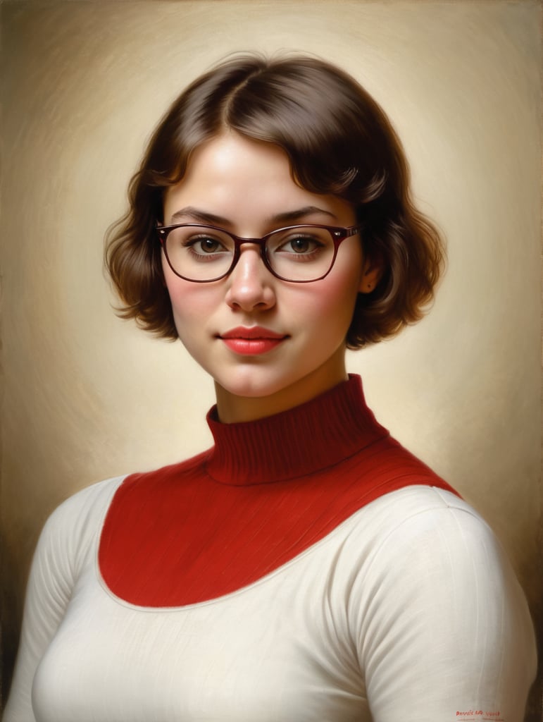 A masterpiece painting by Rembrandt Van Rijn of a beautiful young woman with short hair, sith a beautiful body, pretty beautiful face, wearing glasses, and classical white top with red cover