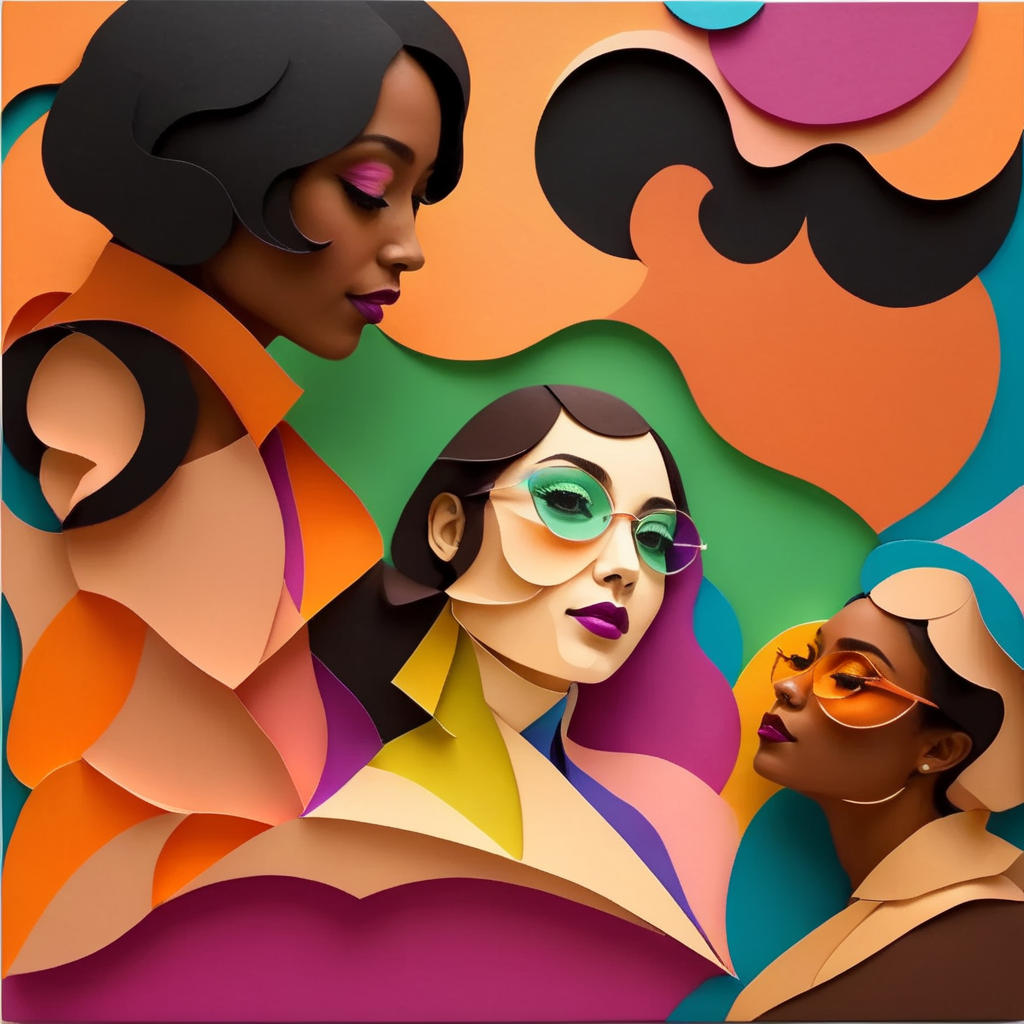 Create a colorful graphic portrait featuring four young diverse women in the vibrant abstract geometric style of artist Jade Purple Brown. The women should have 1970s hairstyles, makeup, and fashion. Compose the image using overlapping circular, oval, and rectangular shapes in bright hues like purple, blue, orange, green, and pink with soft blurred edges in Jade's signature style. Arrange the geometric abstract forms in a dynamic, energetic composition with a sense of rhythm and movement. The women should be interacting, laughing, and exchanging enthusiastic expressions with a joyful, celebratory mood. Apply areas of texture using thick painterly brushstrokes. Emphasize bold graphic stylization over realism for a retro 70s pop art look.