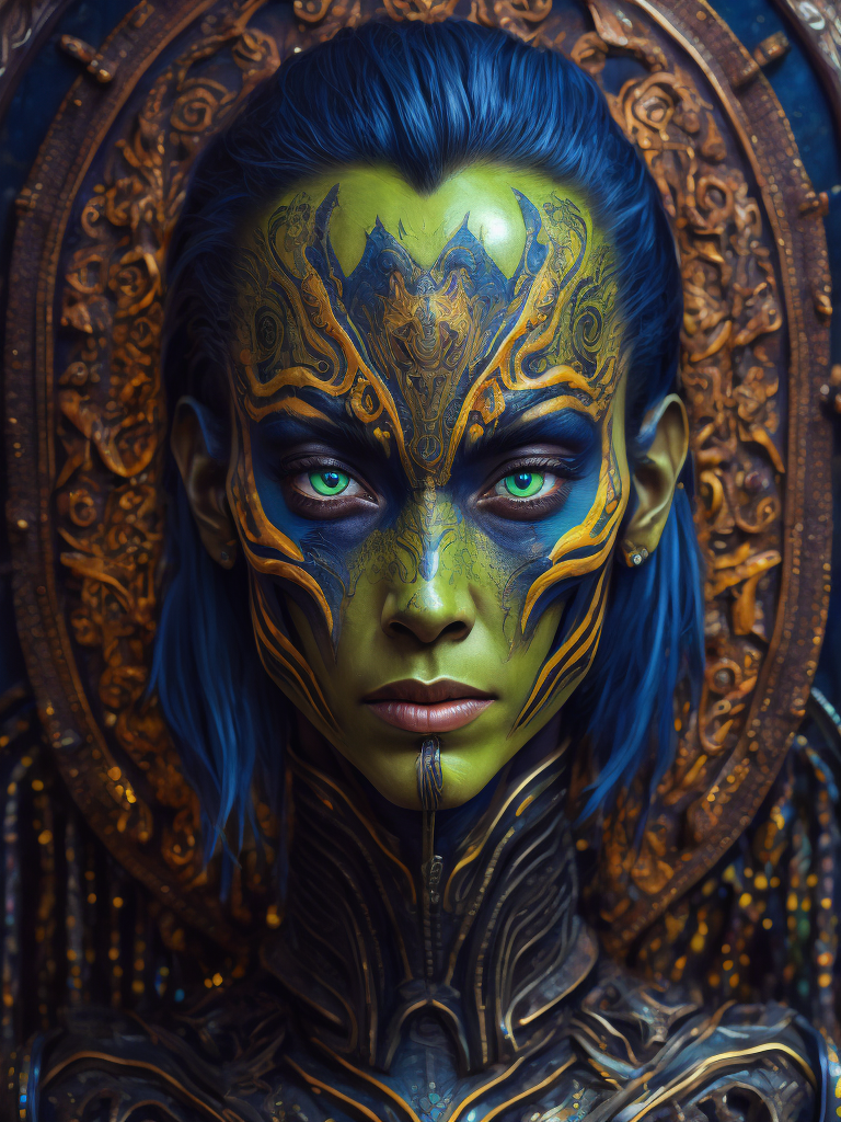 Portrait of an alien, batik, intricate details, surreal, Alien, Cyberpunk Trashcore Style, s 1000, Bright, saturated colors, elegant, highly detailed, fashion, fashion magazine, sharp focus, bright expressive face painting, dramatic lighting, shallow depth of field, incredibly high detailed blurred background, professional digital painting, concept art. s 1000