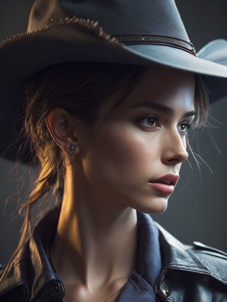 Ultra detailed facial portrait of beautiful woman, wearing cowboy hat, extremely detailed digital painting, in the style of préraphaélite, mystical colors, rim light, electric lighting, stunning scene, west american painting, big sky
