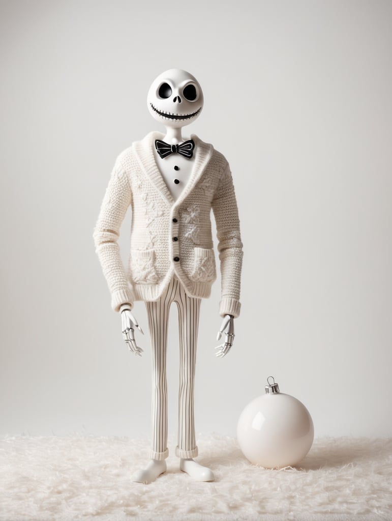Jack Skellington standing wearing an ugly Christmas sweater