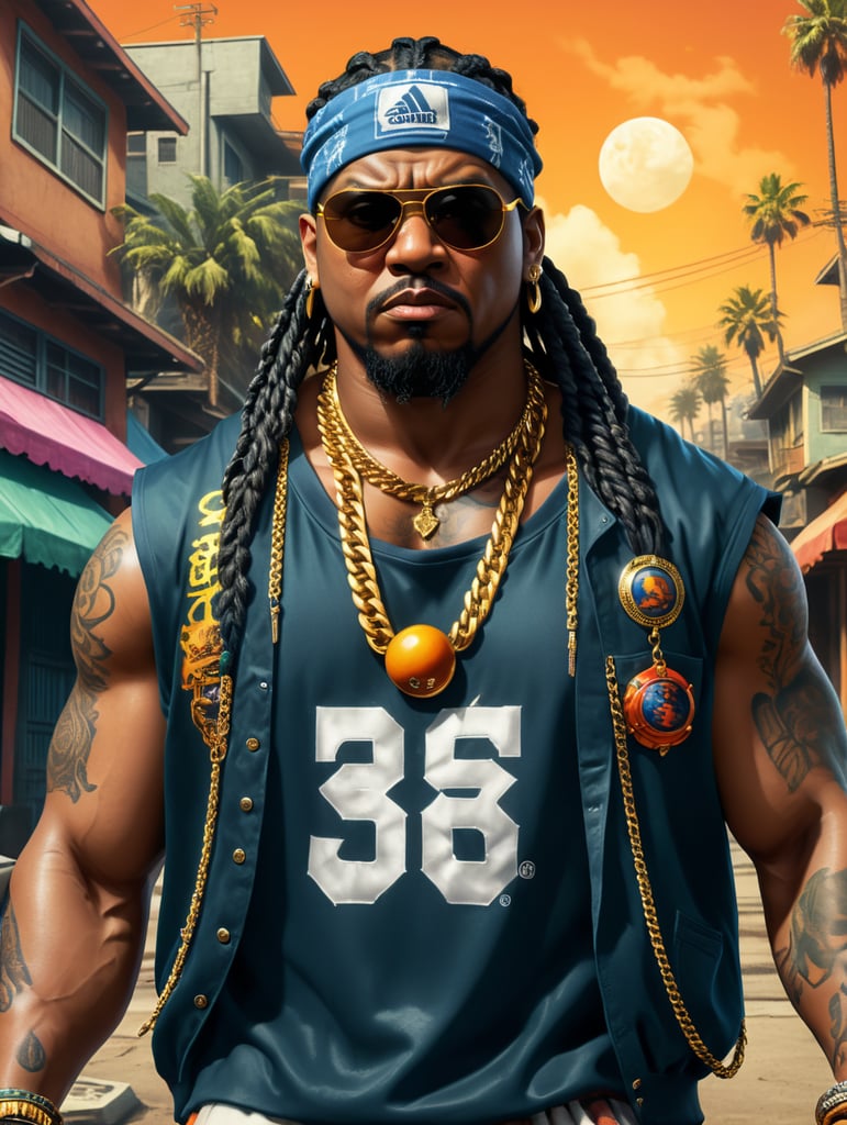 a simple Logo art of A furious, angry furious black crazy fat man ,box braids and cap, sunglasses ,gang member, gangsta 1990's, arms crossed , Loose clothes, royal bandana in your face and baseball jersey , Golden chain ,ultra realistic, intricate details , real colors , 8k , uhd, comic, gta san andreas style , A hood ghetto behind the central image rounded bandana background , Dragon Ball Z style vaporwave