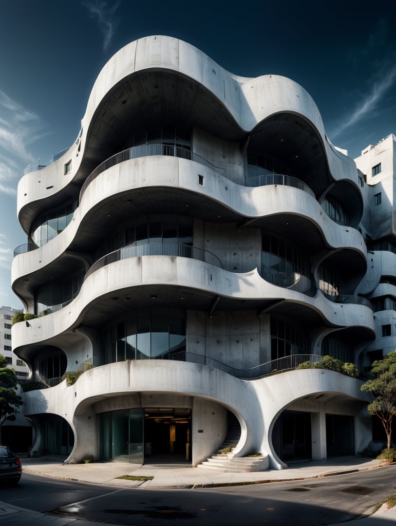 white building with curved shapes in front, in the style of the stars art group (xing xing), women designers, eclectic curatorial style, sculptural costumes, concrete, urban influences, flowing fabrics