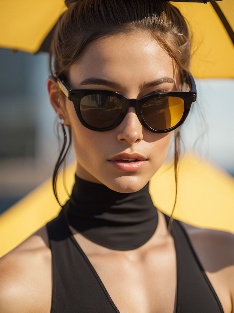 Portrait of a fashion model dressed in a black swimsuit and a yellow transparent sun glasses, Sunny weather, Contrasting light, Hair in a bun