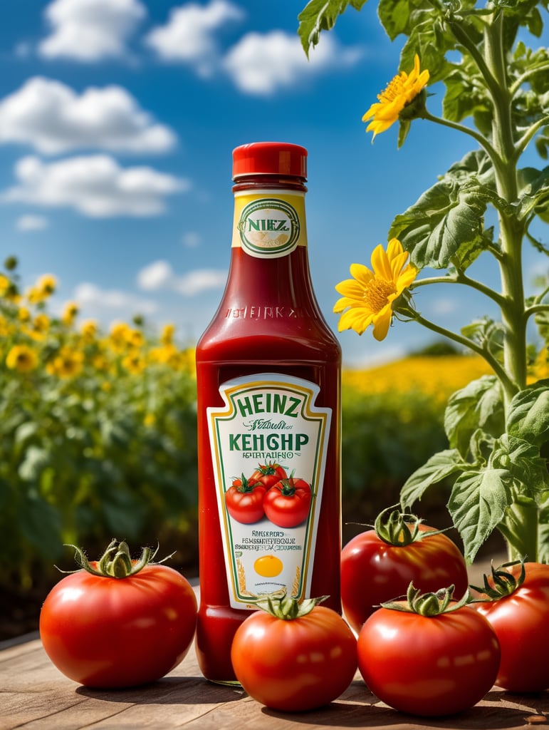 several red tomatoes stacked together forming a Heinz ketchup bottle with some leaves around it, beautiful tomato plantation in the background and a blue sky, short grass and yellow flower + yellow flowers + creamy light + ambient lighting + very beautiful colors