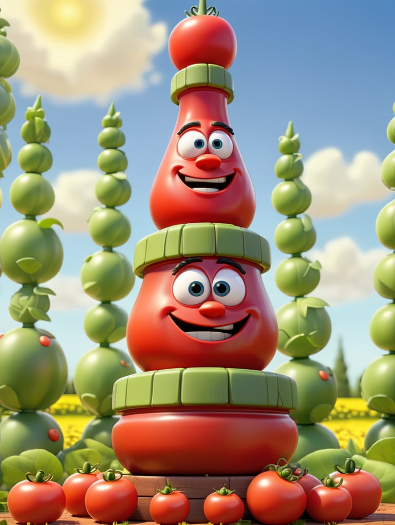 several red tomatoes stacked together forming a ketchup bottle with some leaves around it, beautiful tomato plantation in the background and a blue sky, short grass and yellow flower, creamy light, ambient lighting, beautiful colors