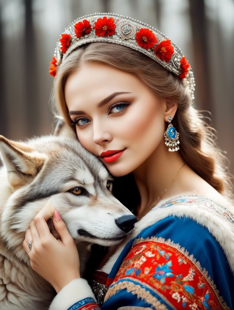 Portrait of a Beautiful women from Russian fairytale wearing traditional costume hugging a wolf