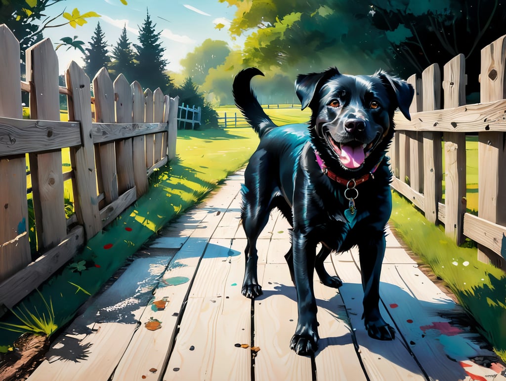 Black dog looking happy, content, silly rolling on his back with legs in the air on grass in a garden with a solid wooden fence behind